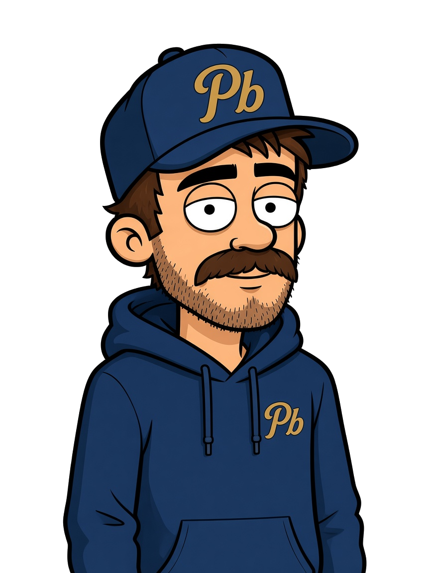Illustration of The Plumb Bumb, a mustached plumber in a navy cap and hoodie with a gold Pb